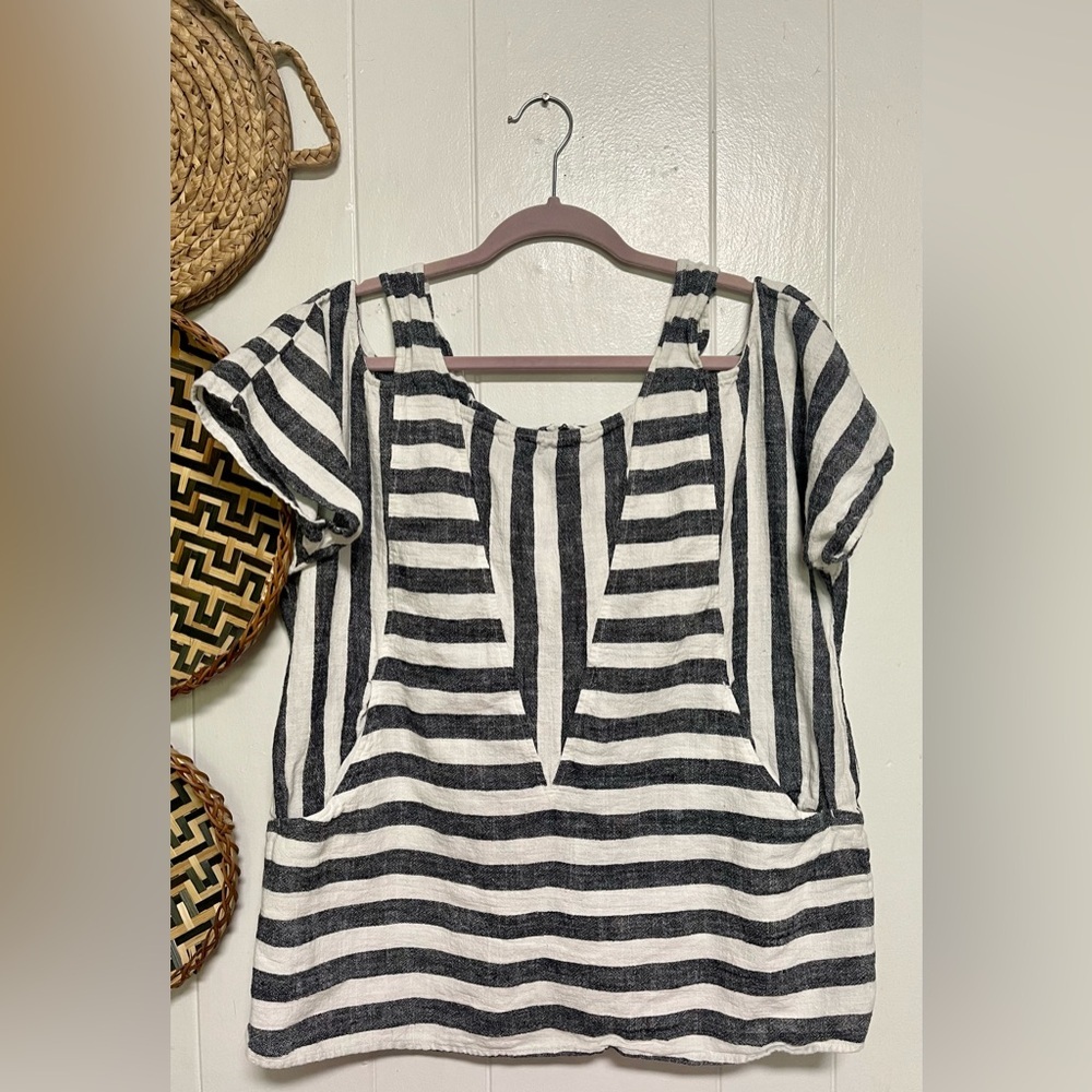 Soft Surroundings Gray Tunic Cold Shoulder Linen Blend Striped Top Size PXL